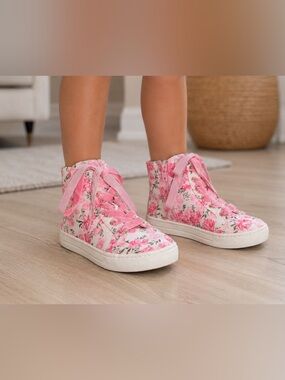 SweetHoney Girls' Pink Floral High-Top Canvas Sneakers Size 8